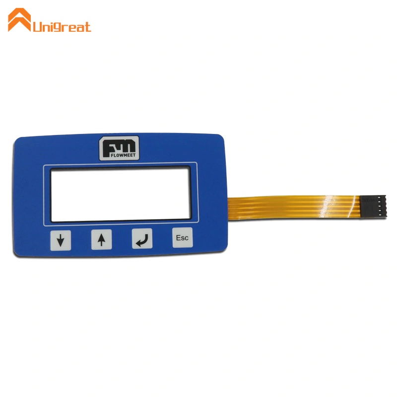Blue graphic overlay with 4 four push button key one 1 LED LCD transparent clear window membrane switch keypad